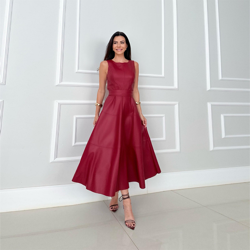 Elegant Faux Leather Midi Dress
