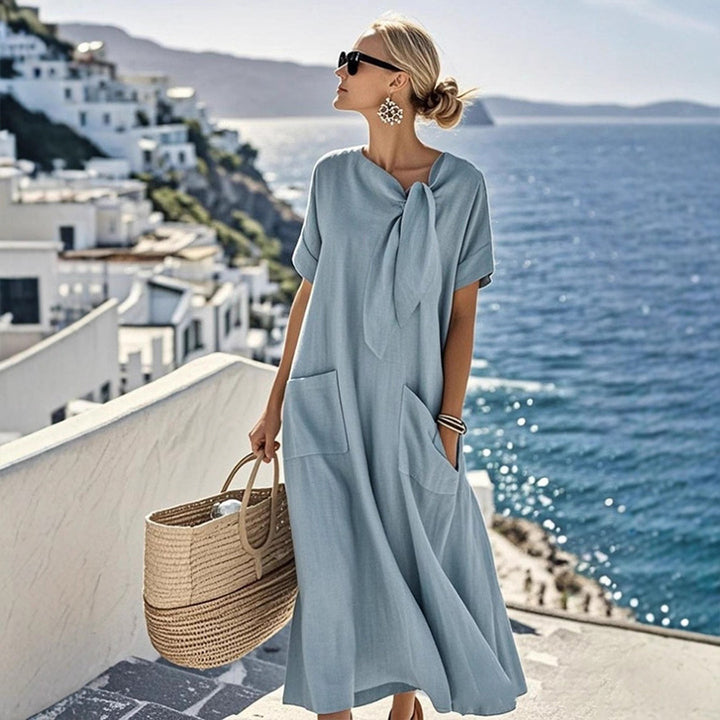 Relaxed Tie-Neck Linen Blend Midi Dress
