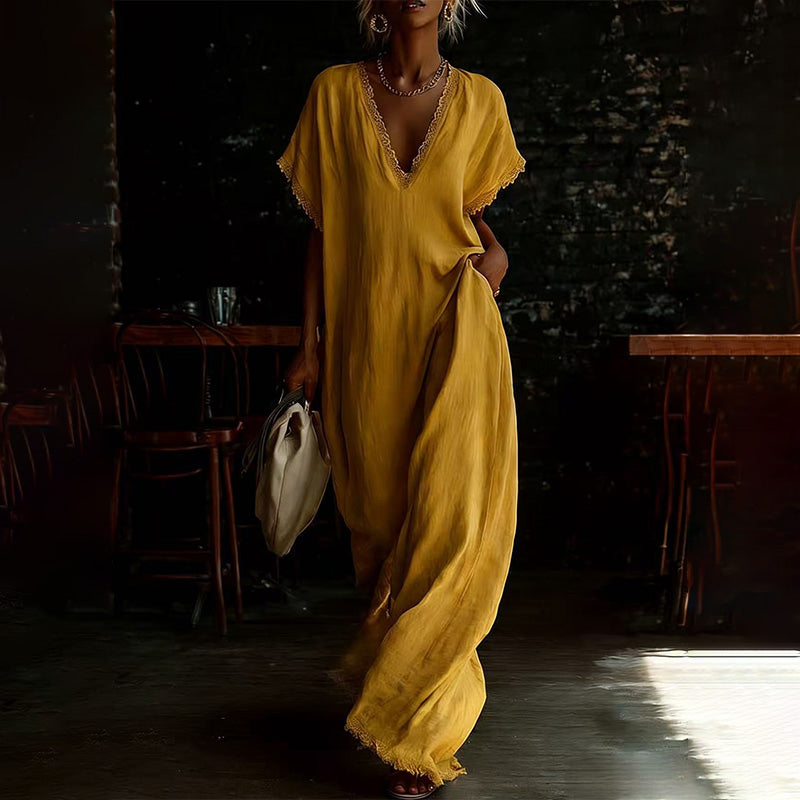 Linen Blend Lace Trim Maxi Dress