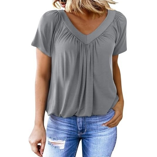 Casual V-Neck Shirred Short Sleeve Top