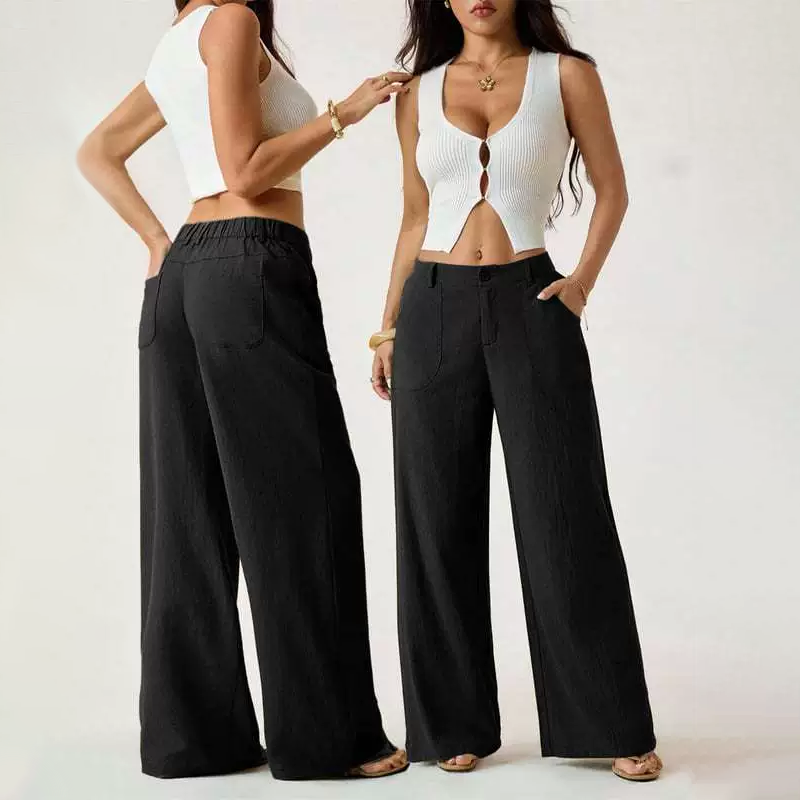 Linen Blend Mid Rise Wide Leg Pants
