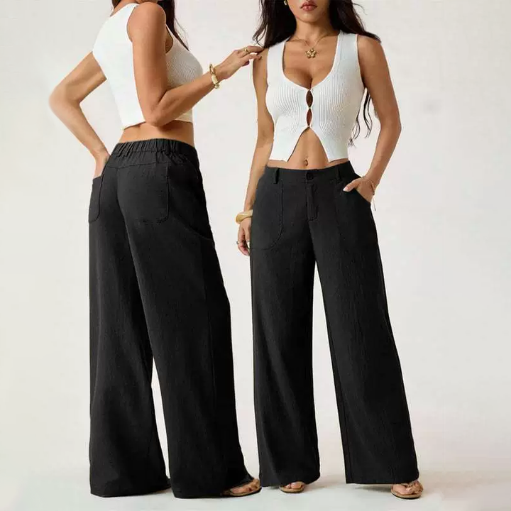 Linen Blend Mid Rise Wide Leg Pants