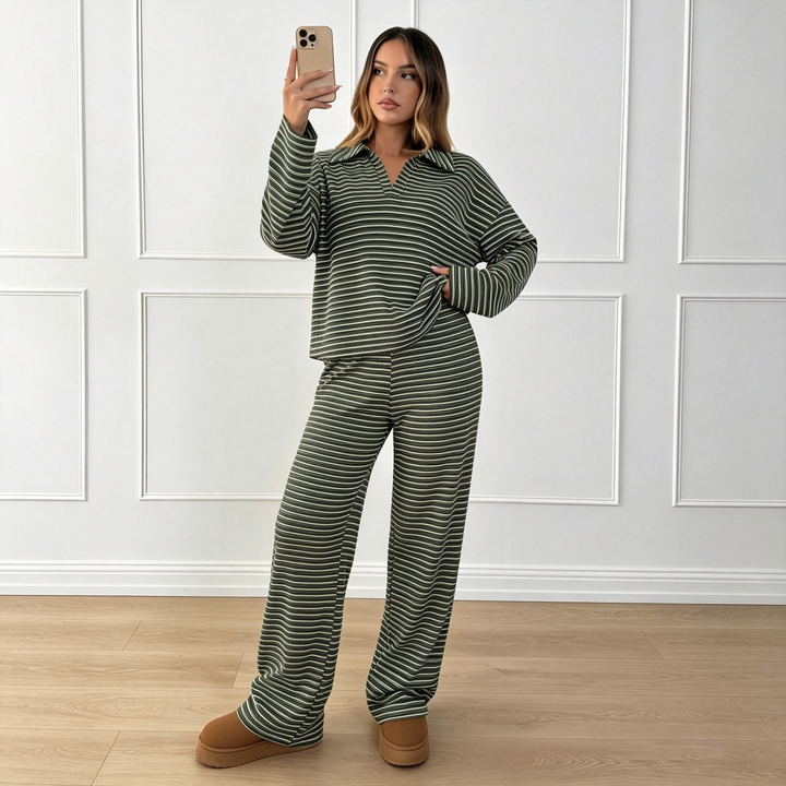 Striped Polo Neck Wide Leg Lounge Set