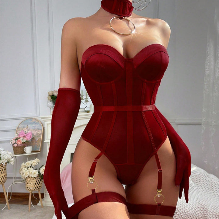 Women’s Sheer Mesh Corset Bodysuit – Garter Detail