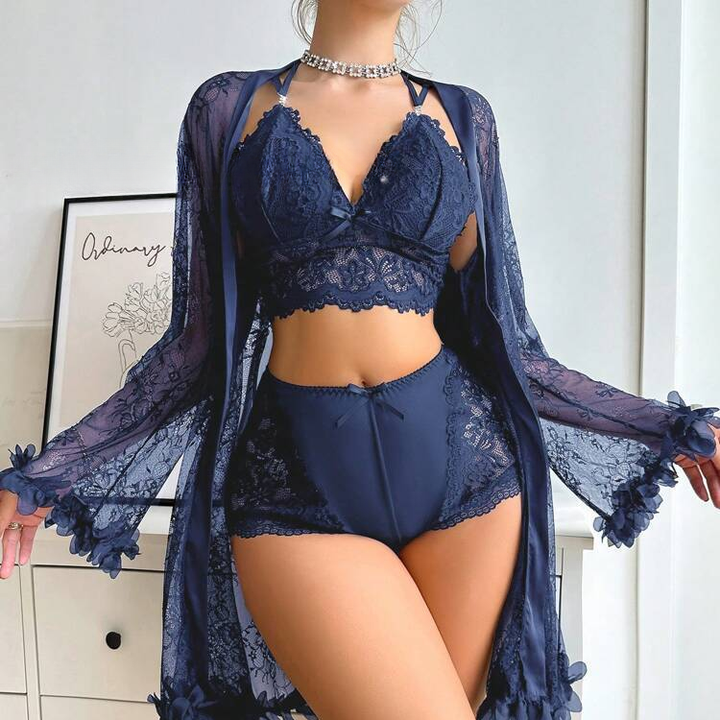 Women’s Lace Lingerie Set – 3-Piece with Robe