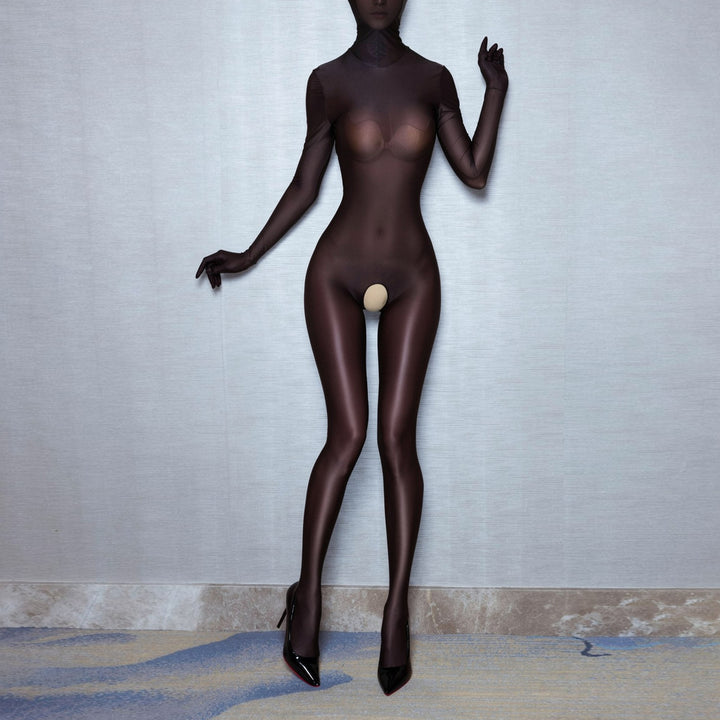 Plus Size Glossy Sheer Catsuit – Hooded Full-Body Design