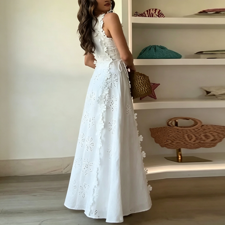 White Floral Lace Tie Waist Maxi Dress
