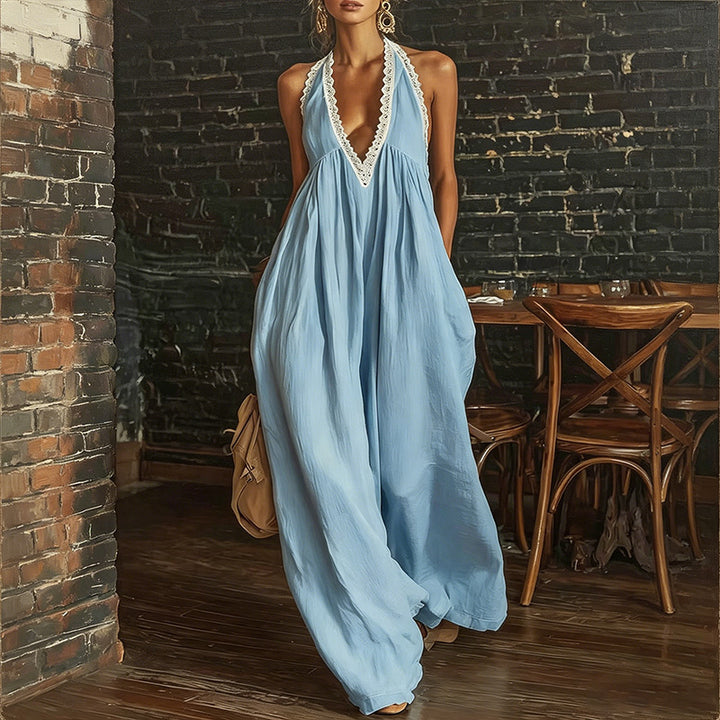 Cotton Lace Trim Sleeveless Jumpsuit