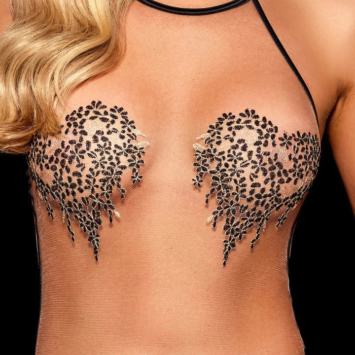Silk embroidered see-through suspender bodysuit