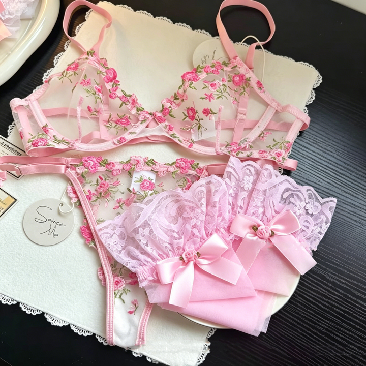 French Embroidered Tulle Underwire Bra Set