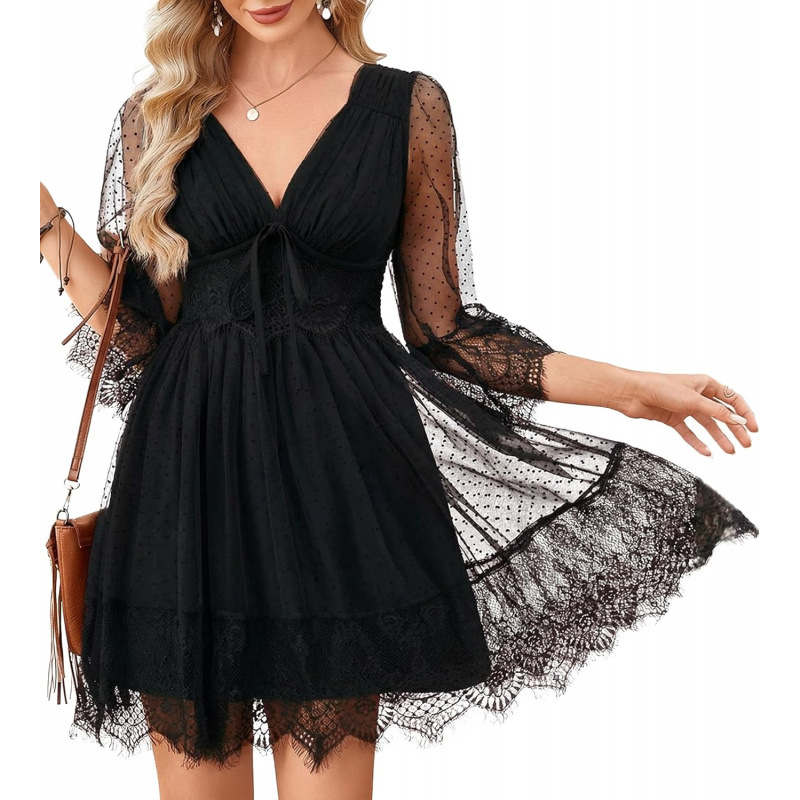 Elegant Lace Trim Swiss Dot Mini Dress