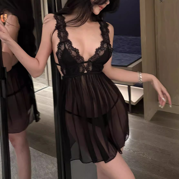 Sheer Backless Lace Babydoll Lingerie Dress