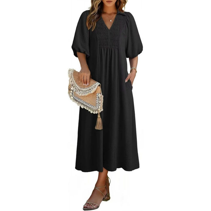 Relaxed Smocked V-Neck Midi Dress