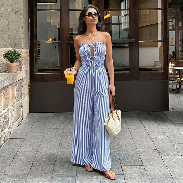 Striped Strapless Wide Leg Jumpsuit