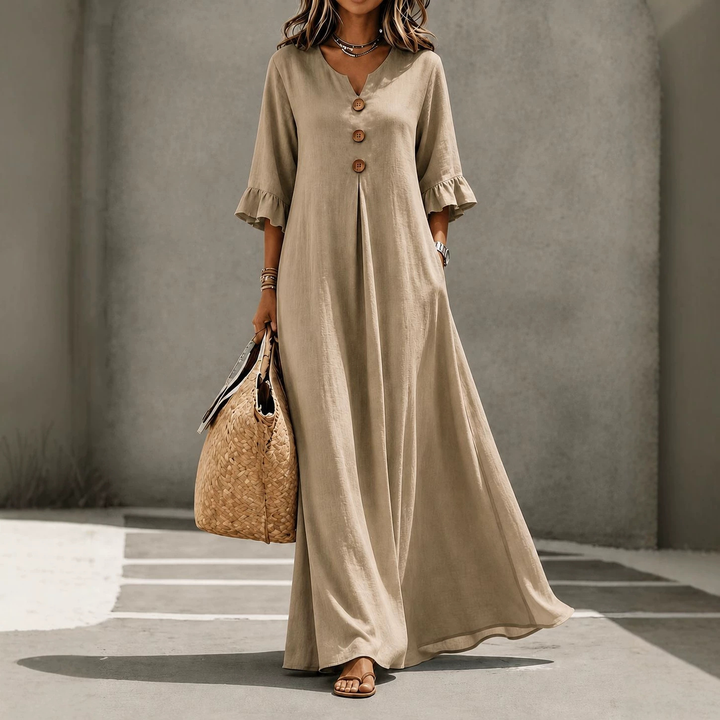 Relaxed Linen Blend Henley Maxi Dress
