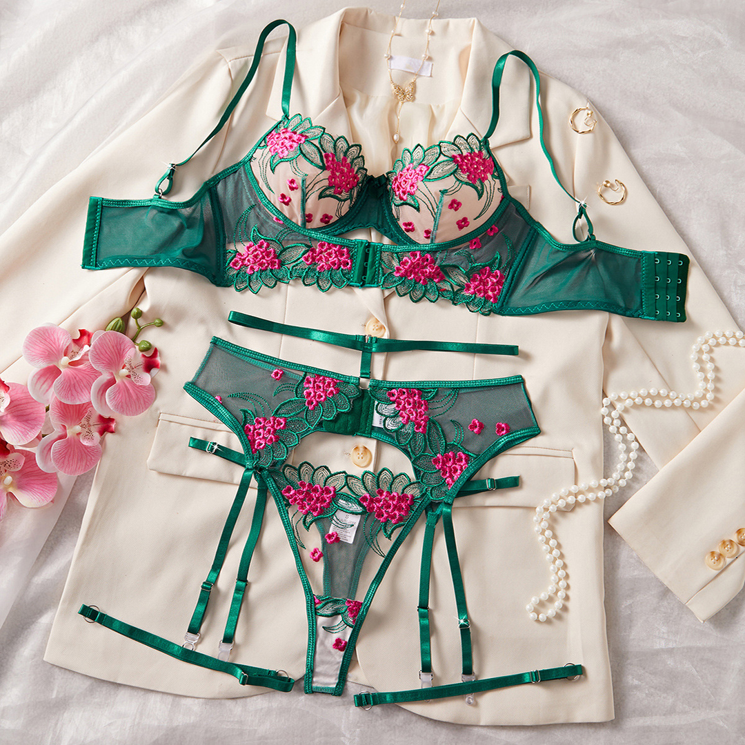 Women’s Embroidered Mesh Lingerie Set – 3-Piece