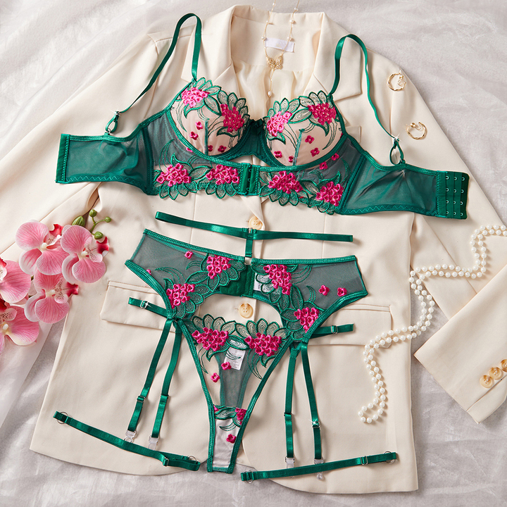 Women’s Embroidered Mesh Lingerie Set – 3-Piece