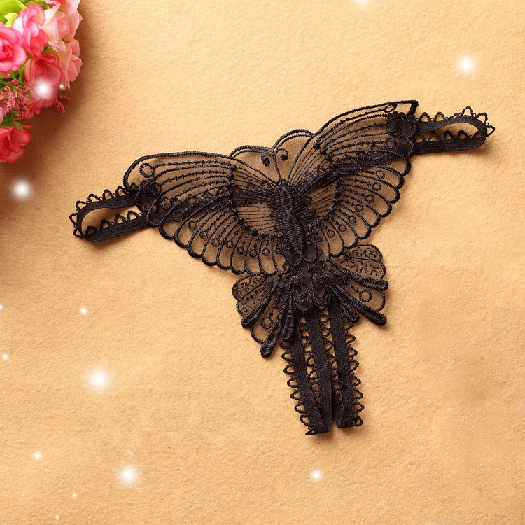 Hollow embroidery crotchless thong