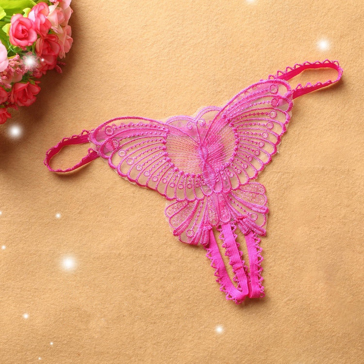 Hollow embroidery crotchless thong