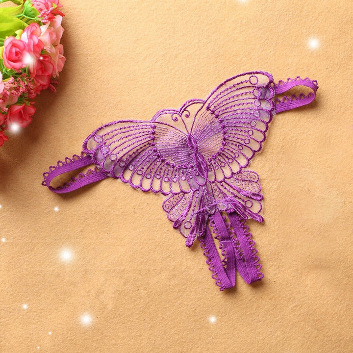 Hollow embroidery crotchless thong