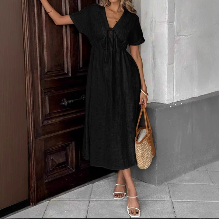 Elegant Cotton Gauze Tie-Front Midi Dress