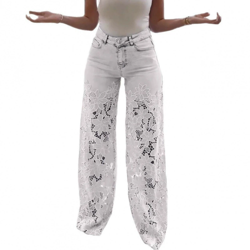 High-Waisted Floral Lace Wide Leg Jeans