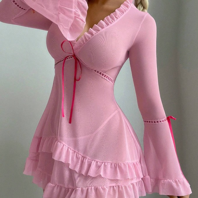 Women’s Lace Mesh Polka Dot Babydoll Lingerie Set