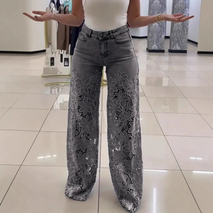 High-Waisted Floral Lace Wide Leg Jeans