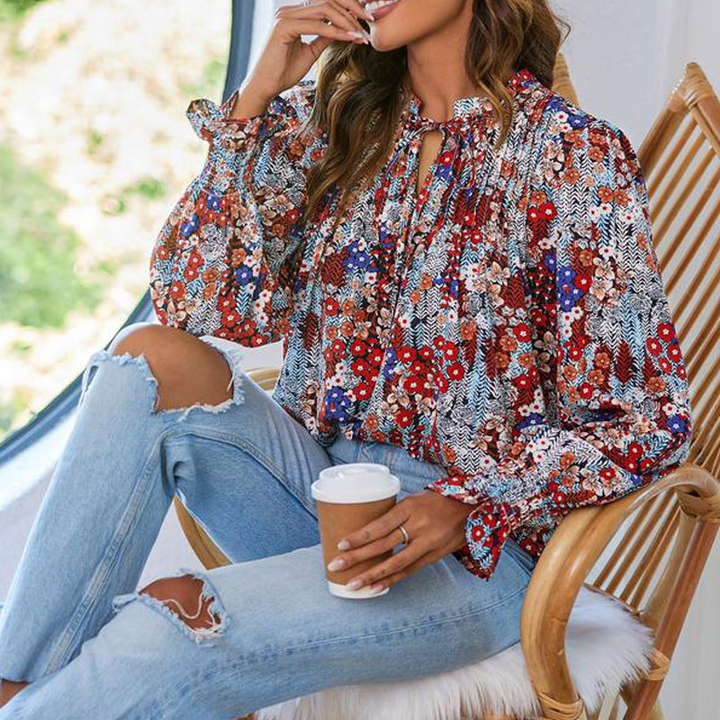 Tie Neck Puff Sleeve Chiffon Blouse
