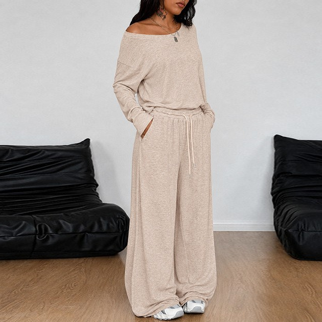 Off-shoulder wide-leg casual set