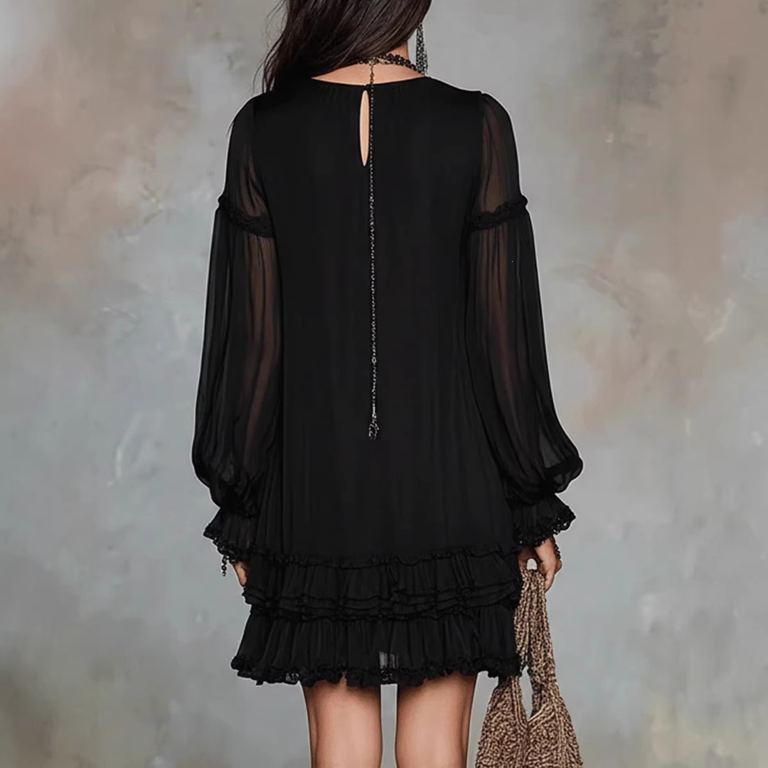 V-neck lace ruffle chiffon mini dress