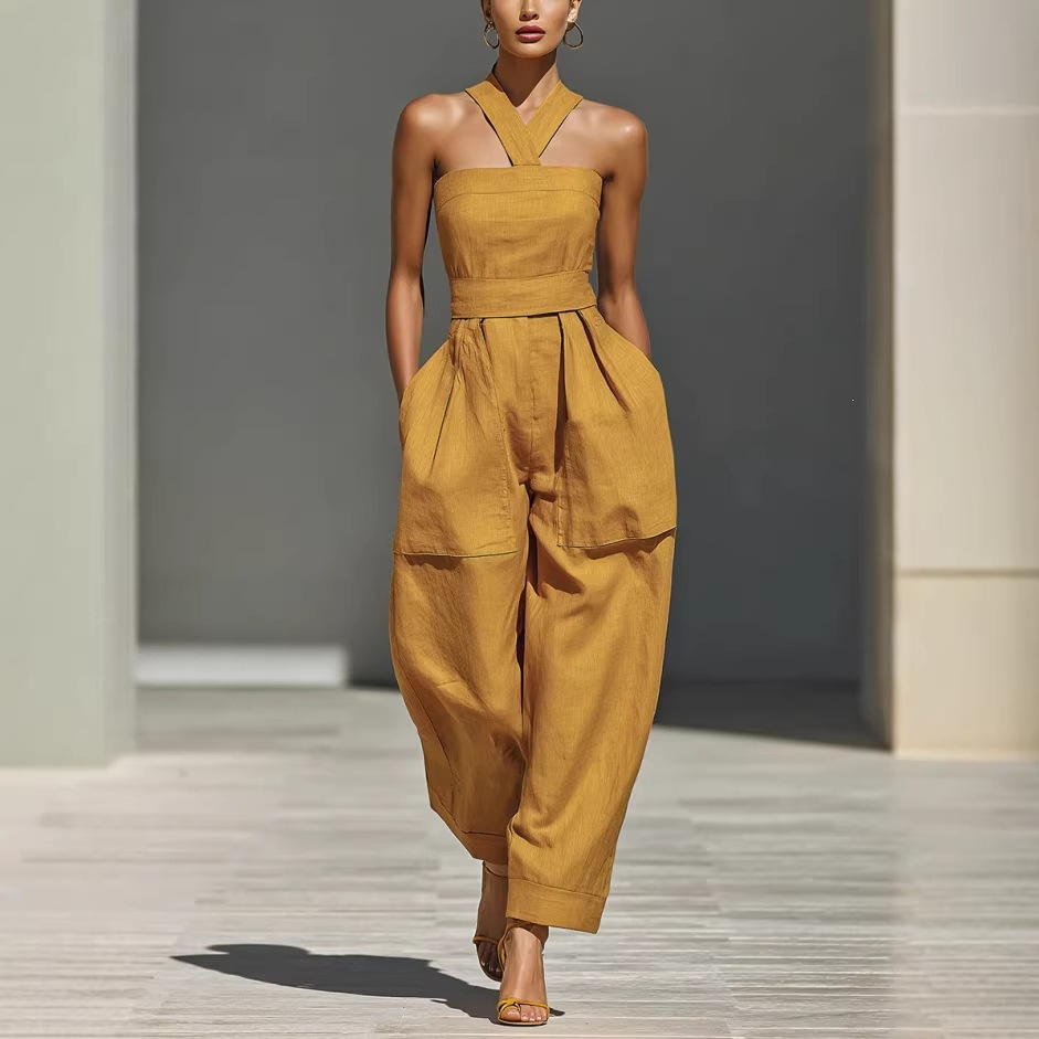 Linen Blend Cross-Front Wide Leg Jumpsuit