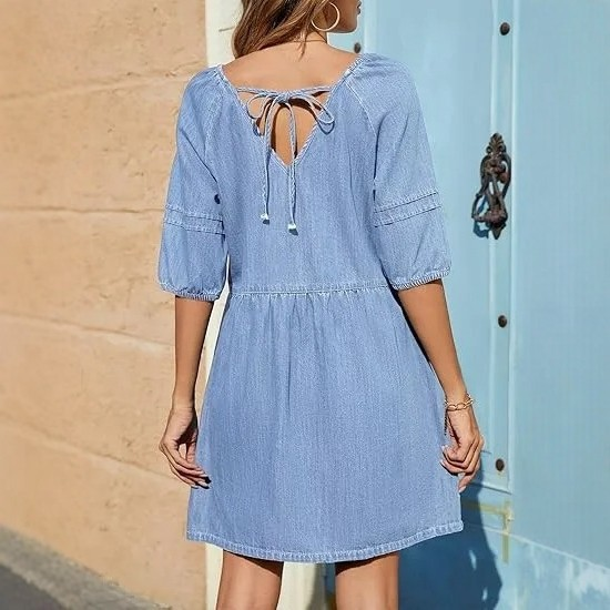 V-Neck Puff Sleeve Chambray Denim Dress