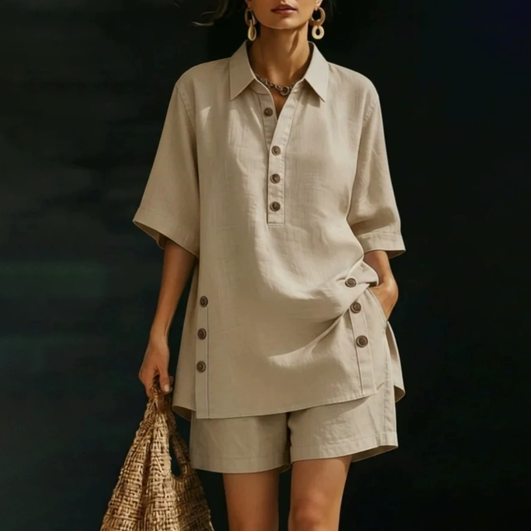 Relaxed Linen Blend Henley Shorts Set