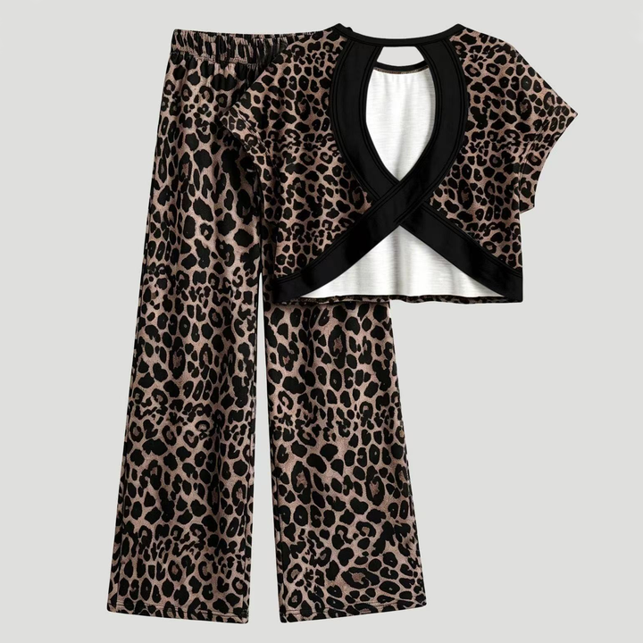 Leopard print short-sleeved wide-leg pants loungewear set