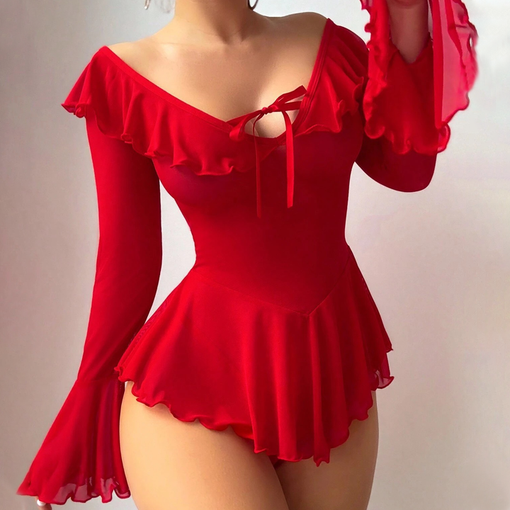 Mesh off-shoulder bell sleeve nightgown