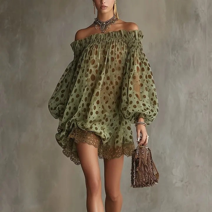 Bohemian-style off-shoulder polka dot mini dress