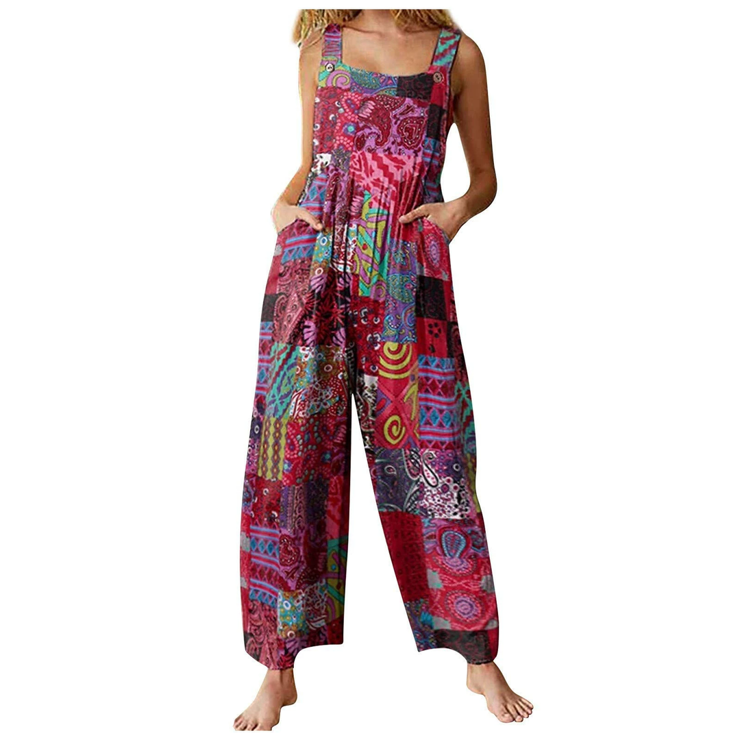 Bohemian Print Wide Leg Jumpsuit with Pockets