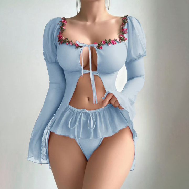 Women’s Sheer Mesh Lingerie Set – Floral Trim