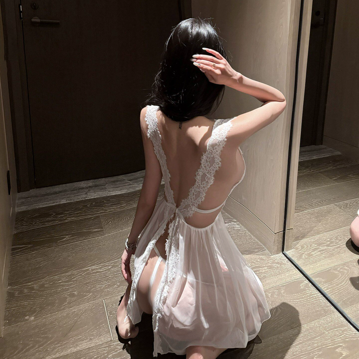 Sheer Backless Lace Babydoll Lingerie Dress