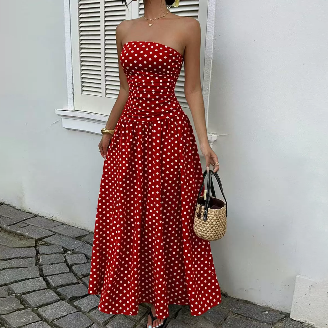 Strapless Polka Dot A-Line Maxi Dress