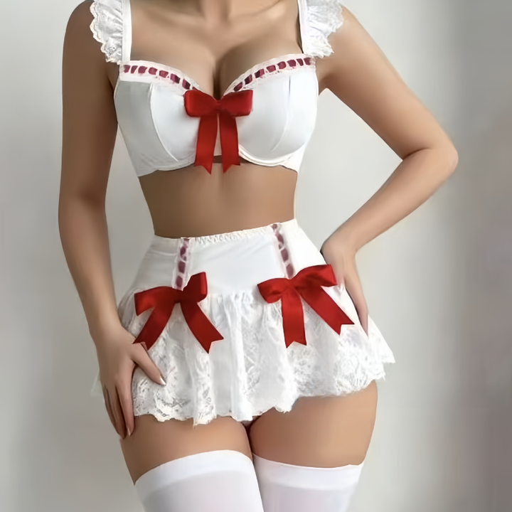 Women’s Lace Bow Lingerie Set – Bra &amp; Mini Skirt