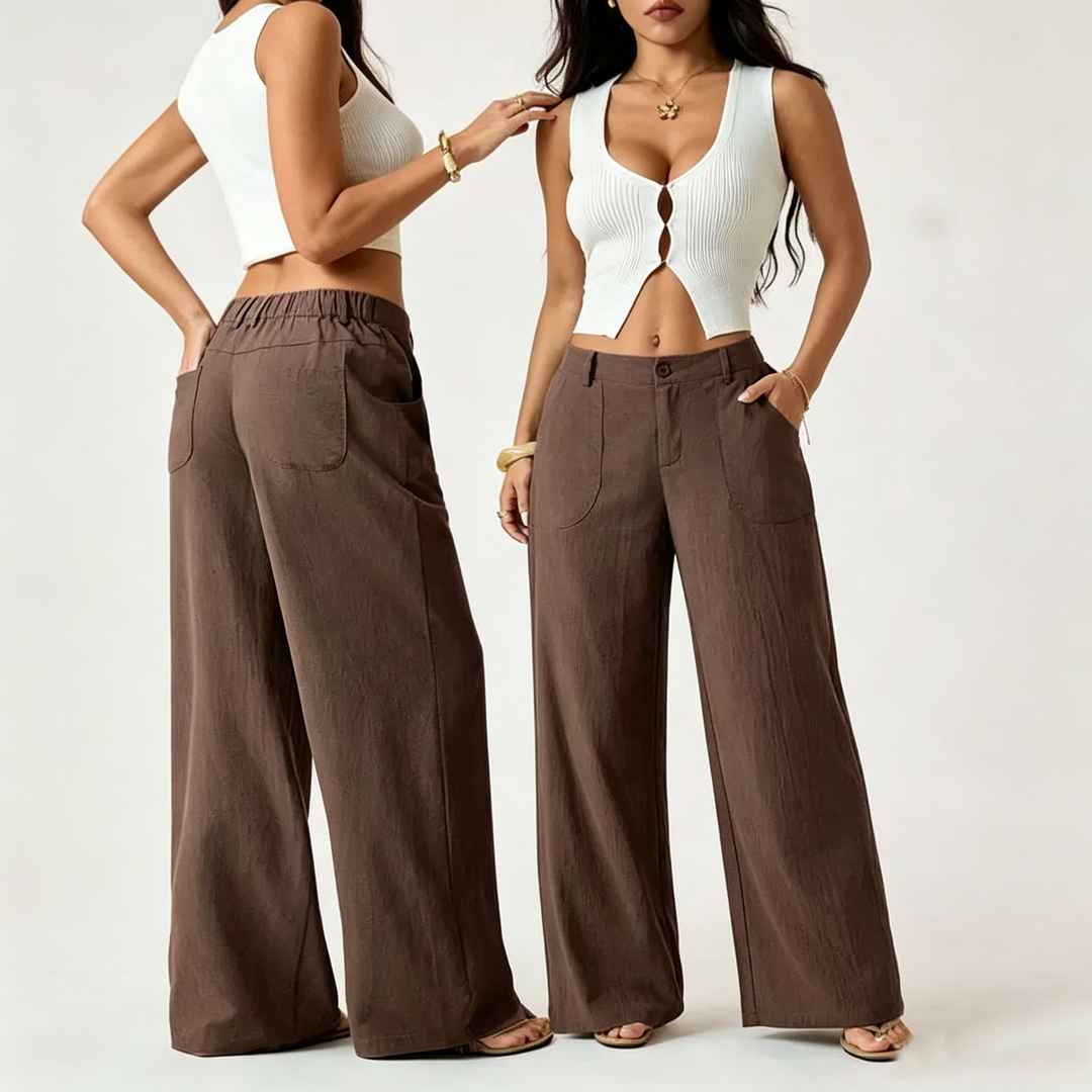 Linen Blend Mid Rise Wide Leg Pants