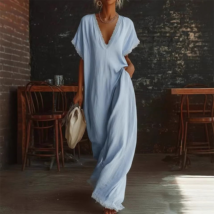 Linen Blend Lace Trim Maxi Dress