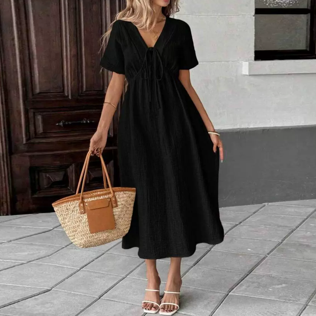 Elegant Cotton Gauze Tie-Front Midi Dress