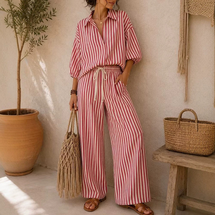 French Striped Shirt Wide Leg Pants Set