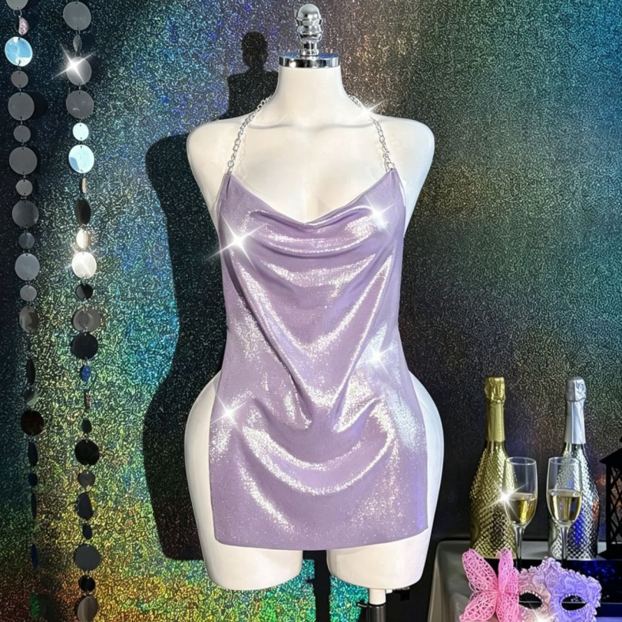 Women’s Metallic Chain Halter Mini Dress