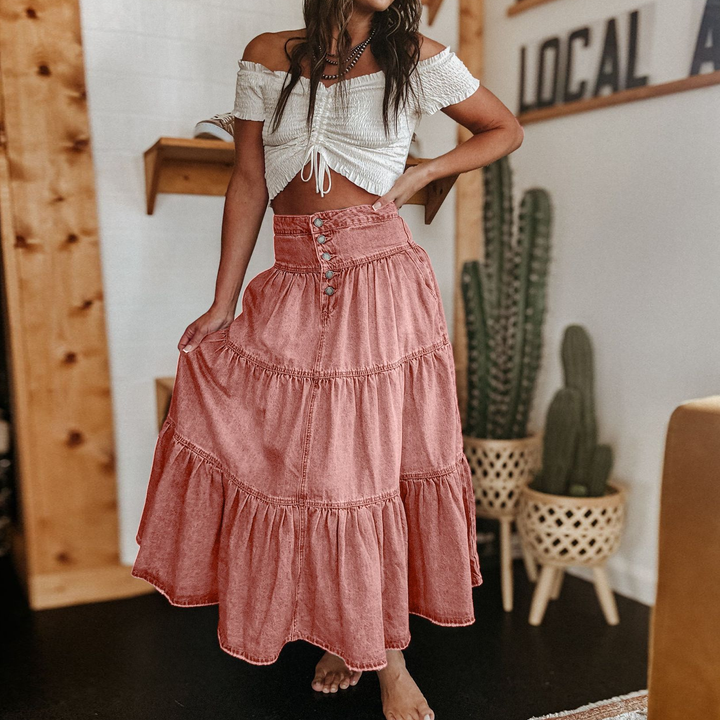 Premium Boho Tiered Denim Maxi Skirt