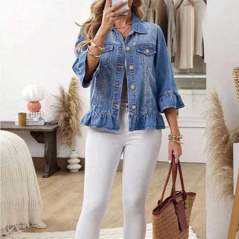 Ruffle Hem Cropped Denim Jacket