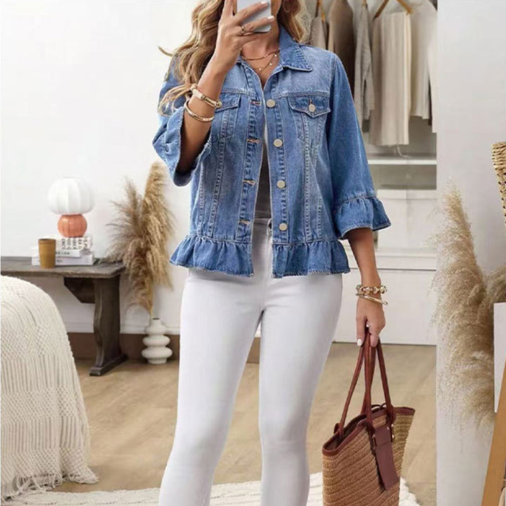 Ruffle Hem Cropped Denim Jacket